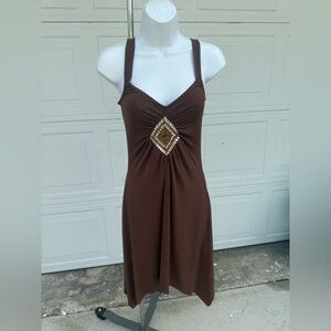 VENUS Brown Ruched Embellished Halter Sundress